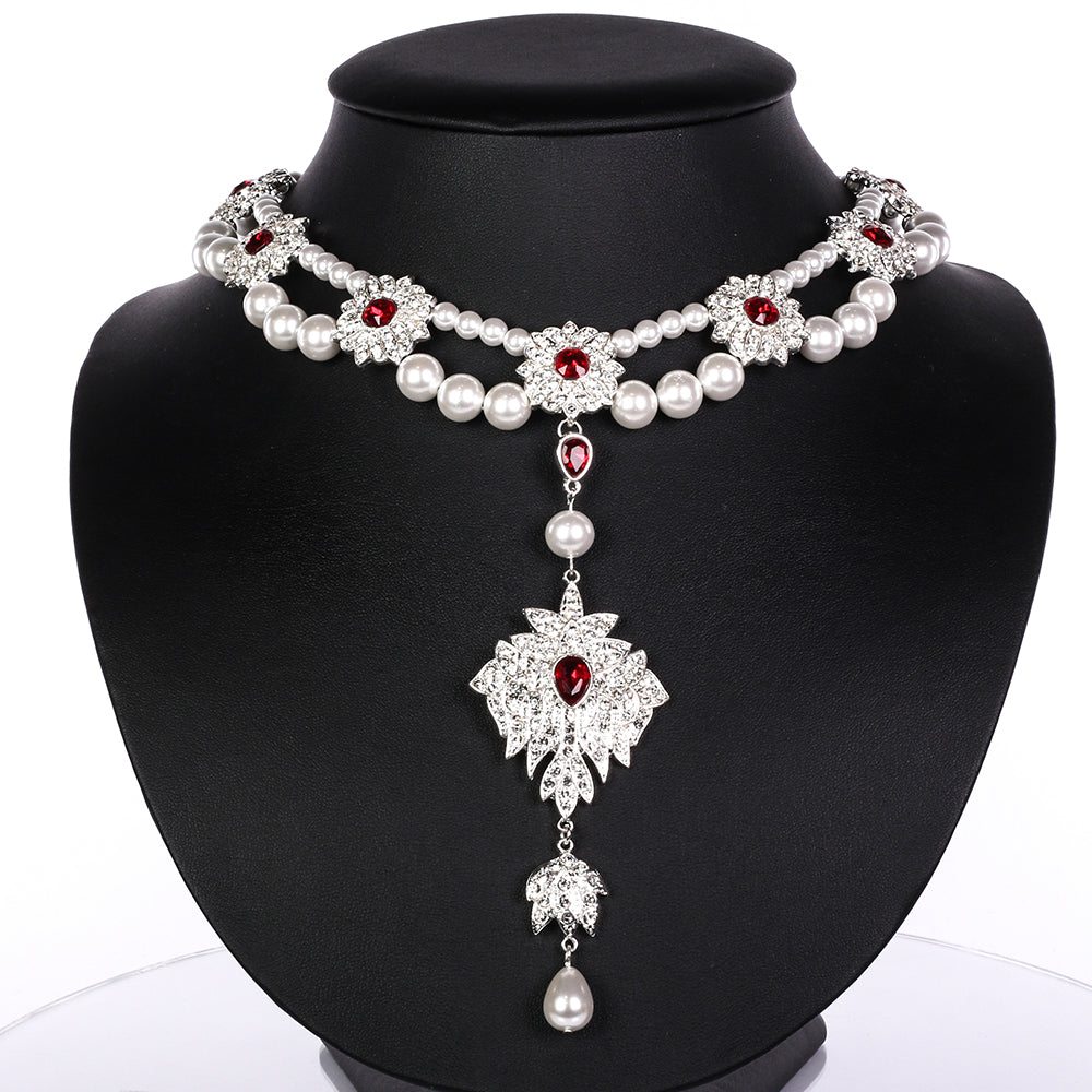 Pozlátené Zliatinové Sada s Sklenená perla a Bielym Emporia® Krištáľom ( Náhrdelník+Náušnice )