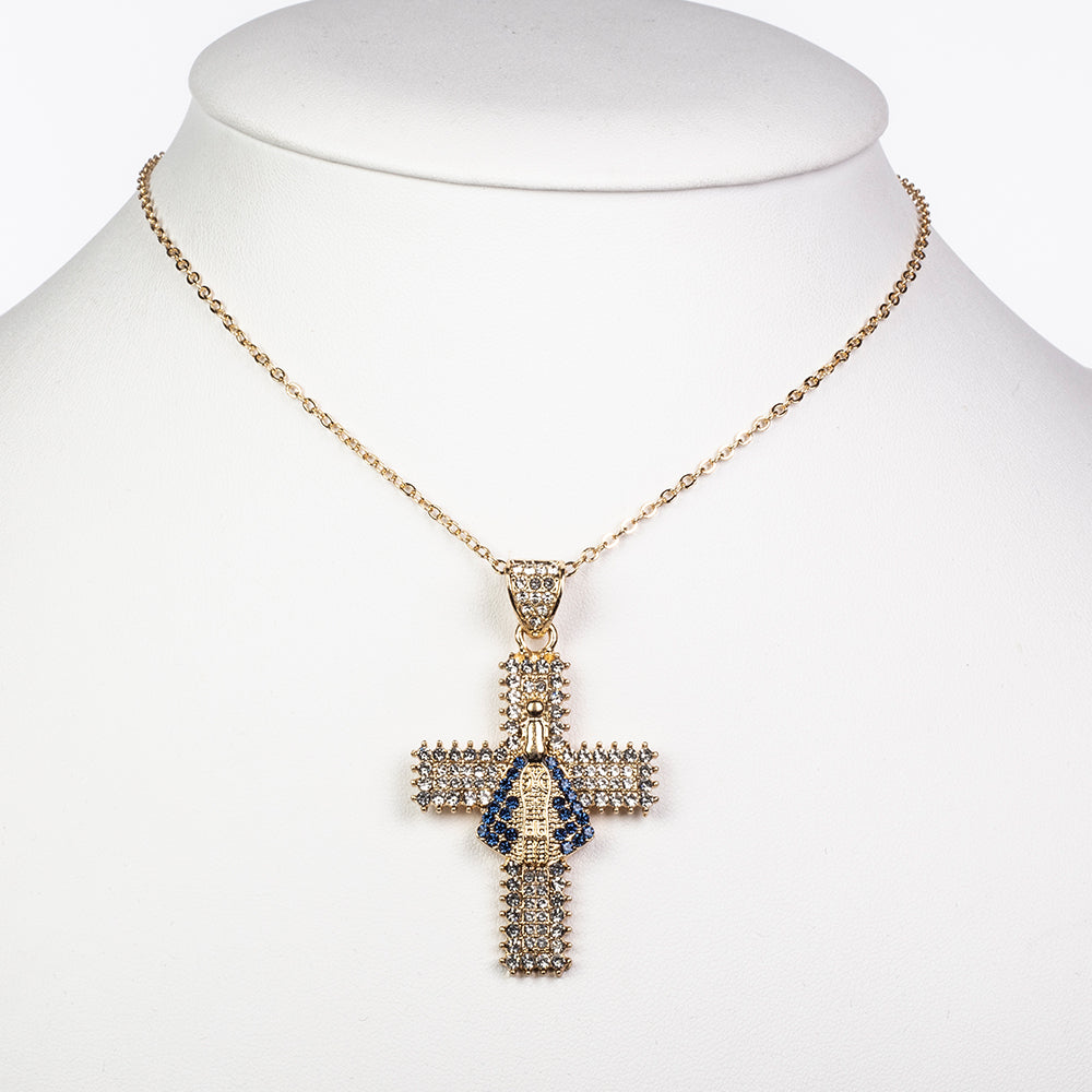 Kríž Pozlátený Zliatinový Náhrdelník s Modrým Emporia® Krištáľom a Bielym Emporia® Krištáľom