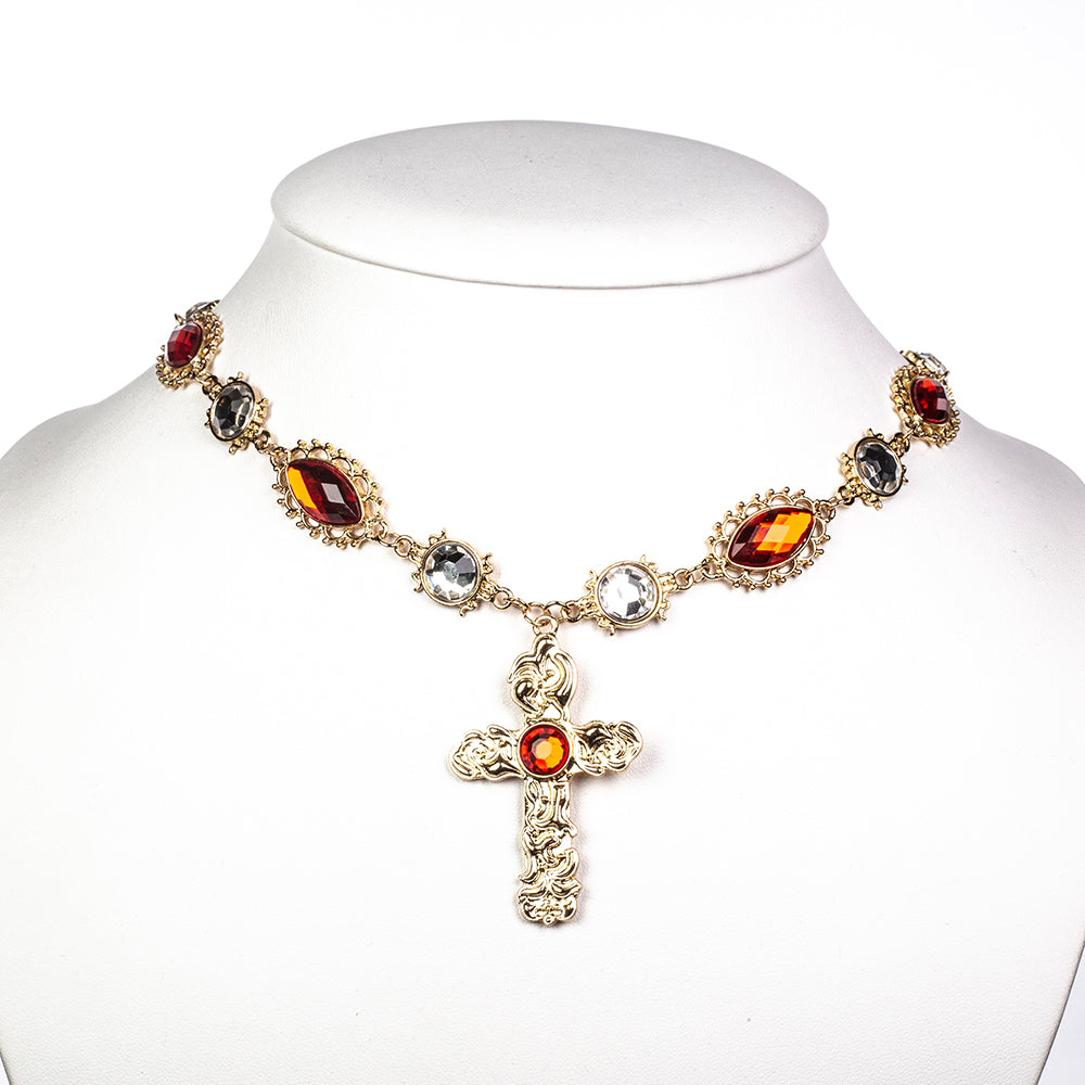 Kríž Pozlátené Zliatinové Sada s Červeným Emporia® Krištáľom a Bielym Emporia® Krištáľom ( Náhrdelník+Náušnice+Prívesok )