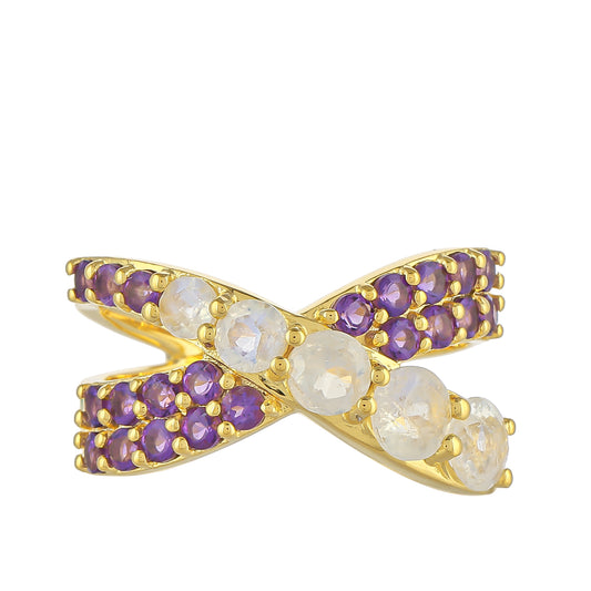 Pozlátený Strieborný Prsteň s Dúhovým Mesačným Kameňom a Brazílskym Ametystom