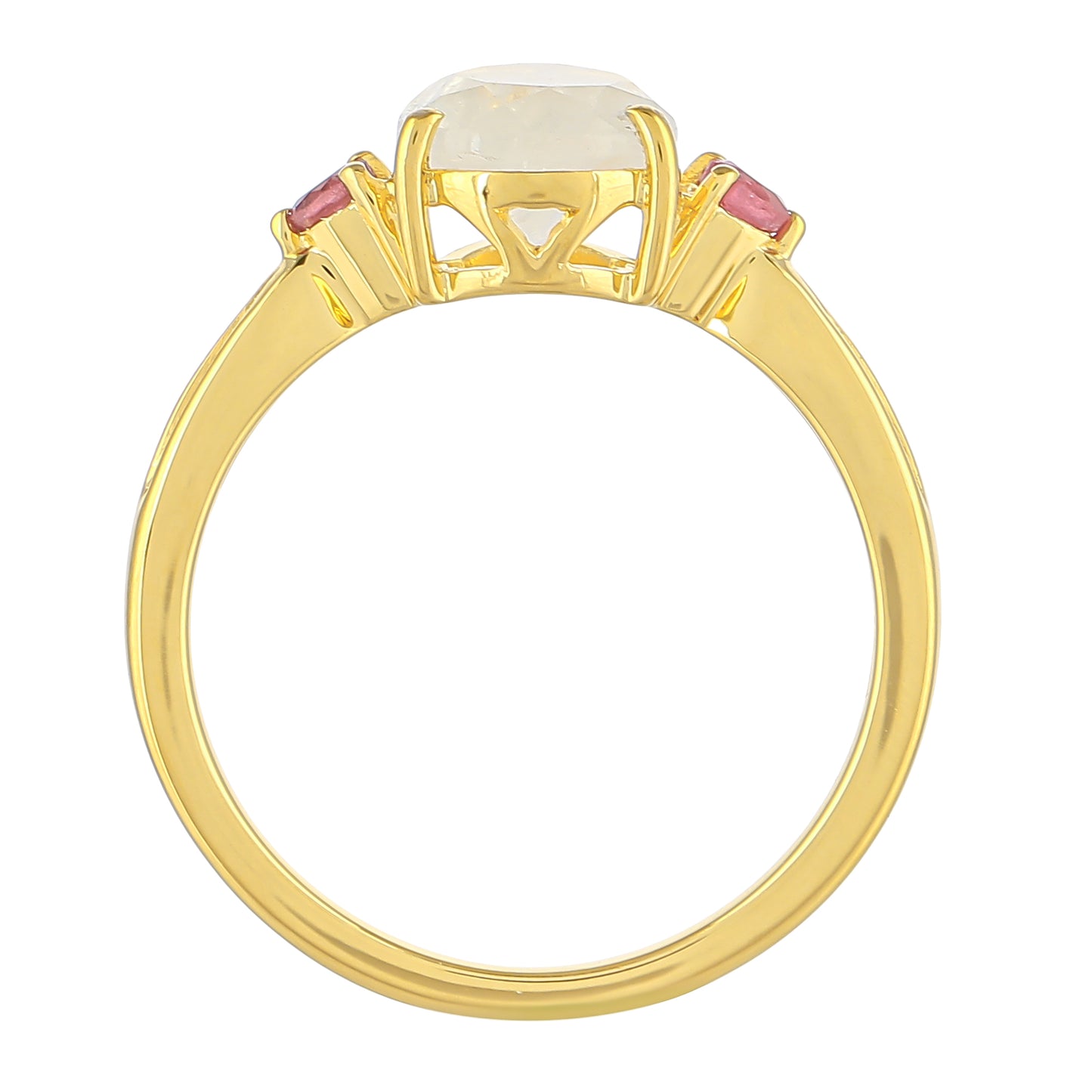 Pozlátený Strieborný Prsteň s Dúhovým Mesačným Kameňom a Thajským Rubínom