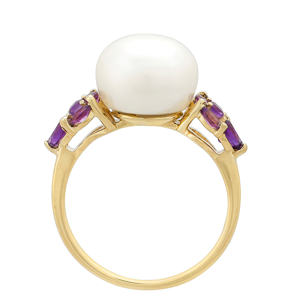 Zlatý Prsteň s Ametystom a Bielou Sladkovodnou Perlou