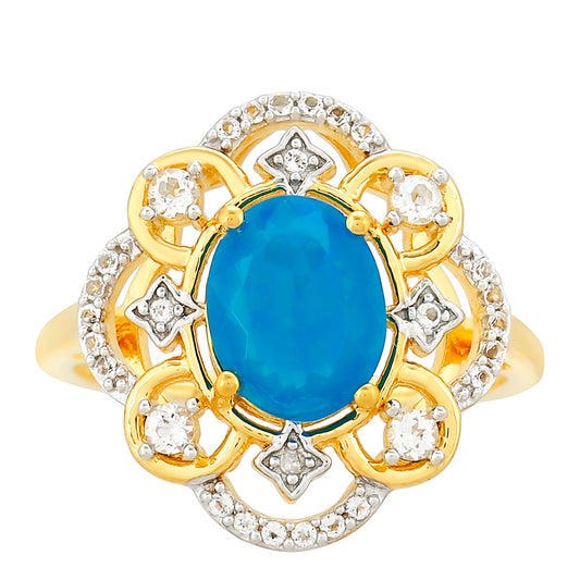 Pozlátený Strieborný Prsteň s Etiópskym Paraiba Modrým Opálom a Bielym Topásom