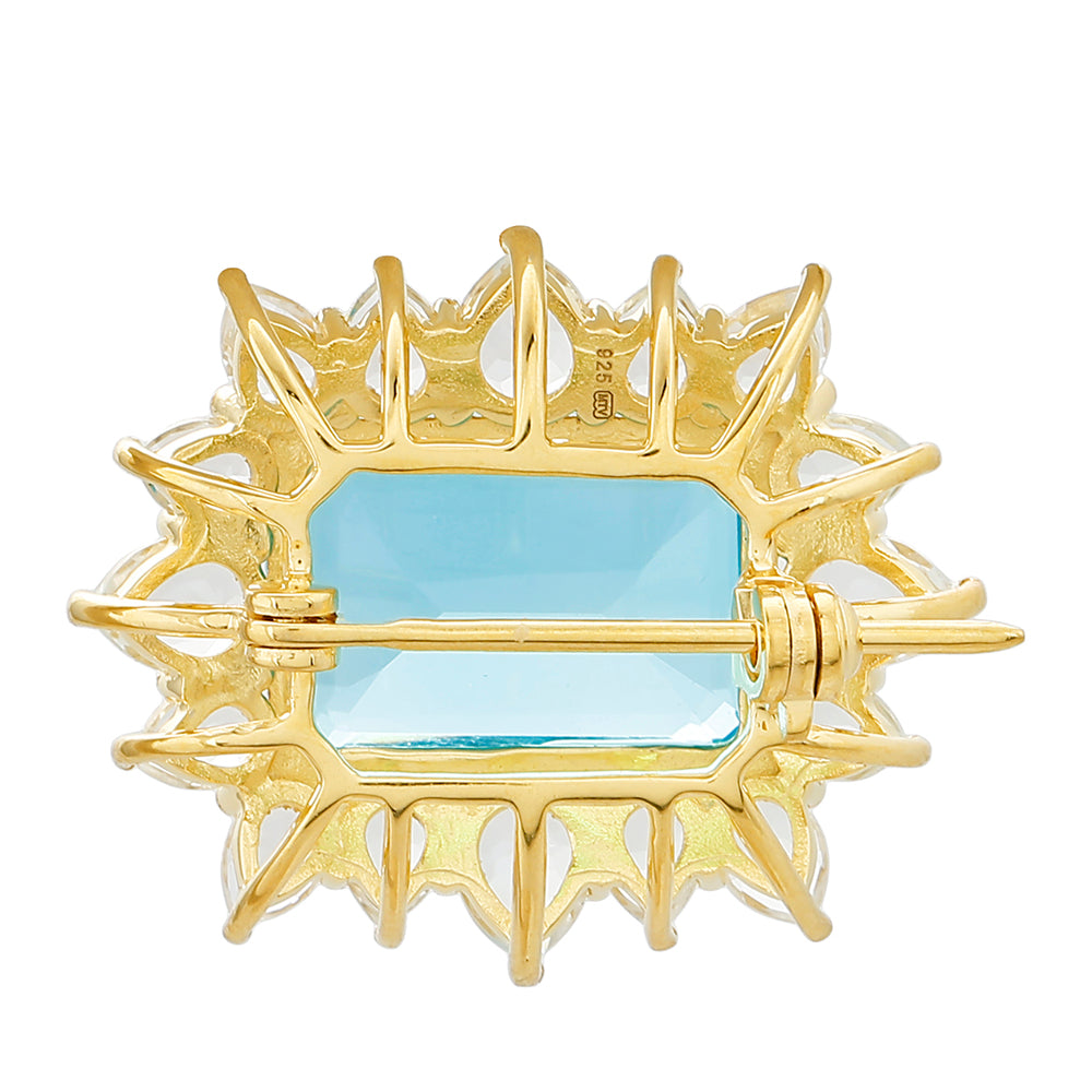 Pozlátený Strieborný Brošňa s Paraiba Kremeňom a Bielym Topásom