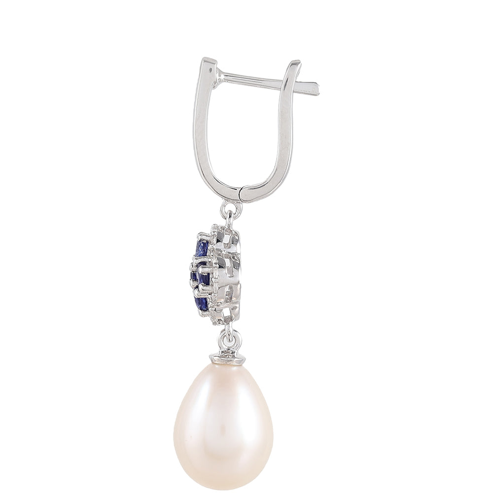 Strieborné Náušnice s Thajským Zafírom a Bielou Sladkovodnou Perlou
