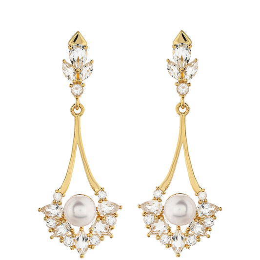 Pozlátené Strieborné Náušnice s Barokovou Sladkovodnou Kultivovanou Perlou a Bielym Topásom