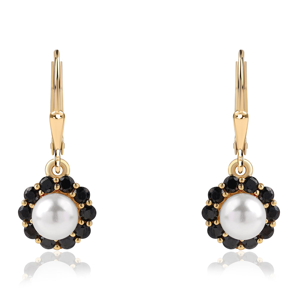 Pozlátené Strieborné Náušnice s Čiernym Spinelom a Bielou Sladkovodnou Perlou