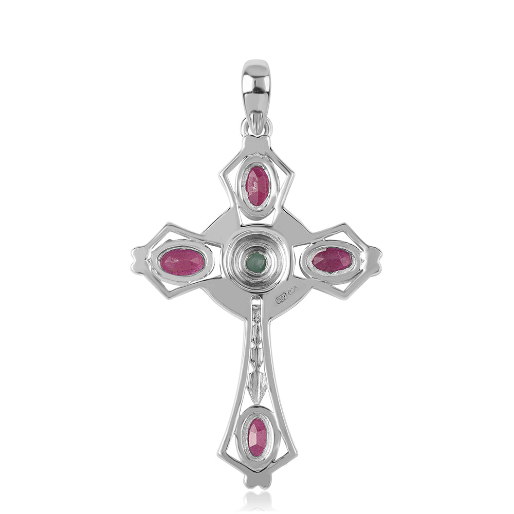 Kríž Strieborný Prívesok s Brazílskym Smaragdom a Mozambickým Rubínom