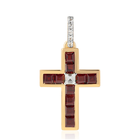 Kríž Pozlátený Strieborný Prívesok s Bartonským Granátom a Bielym Topásom