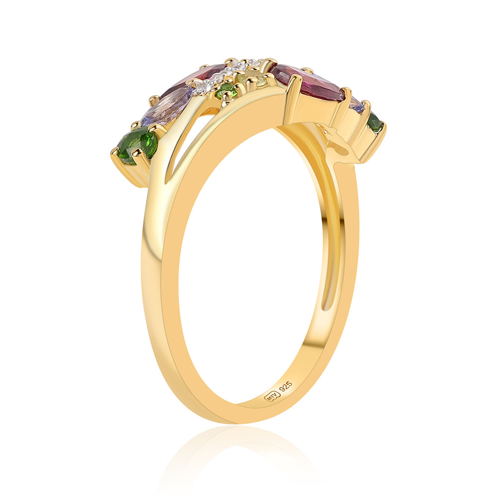 Pozlátený Strieborný Prsteň s Rhodolitovým Granátom a Tanzanitom