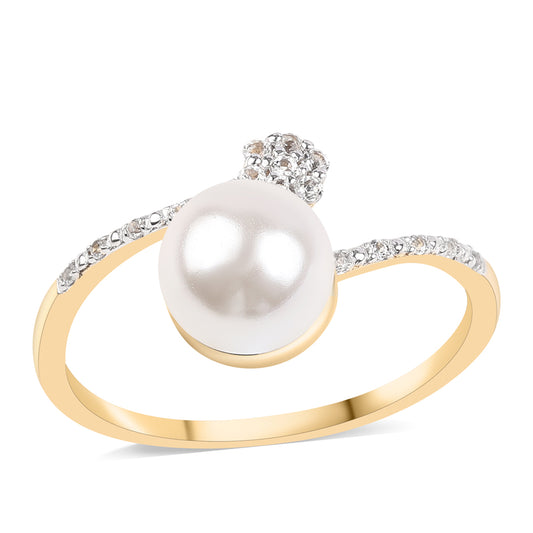 Pozlátený Strieborný Prsteň s Bielou Sladkovodnou Perlou a Bielym Topásom