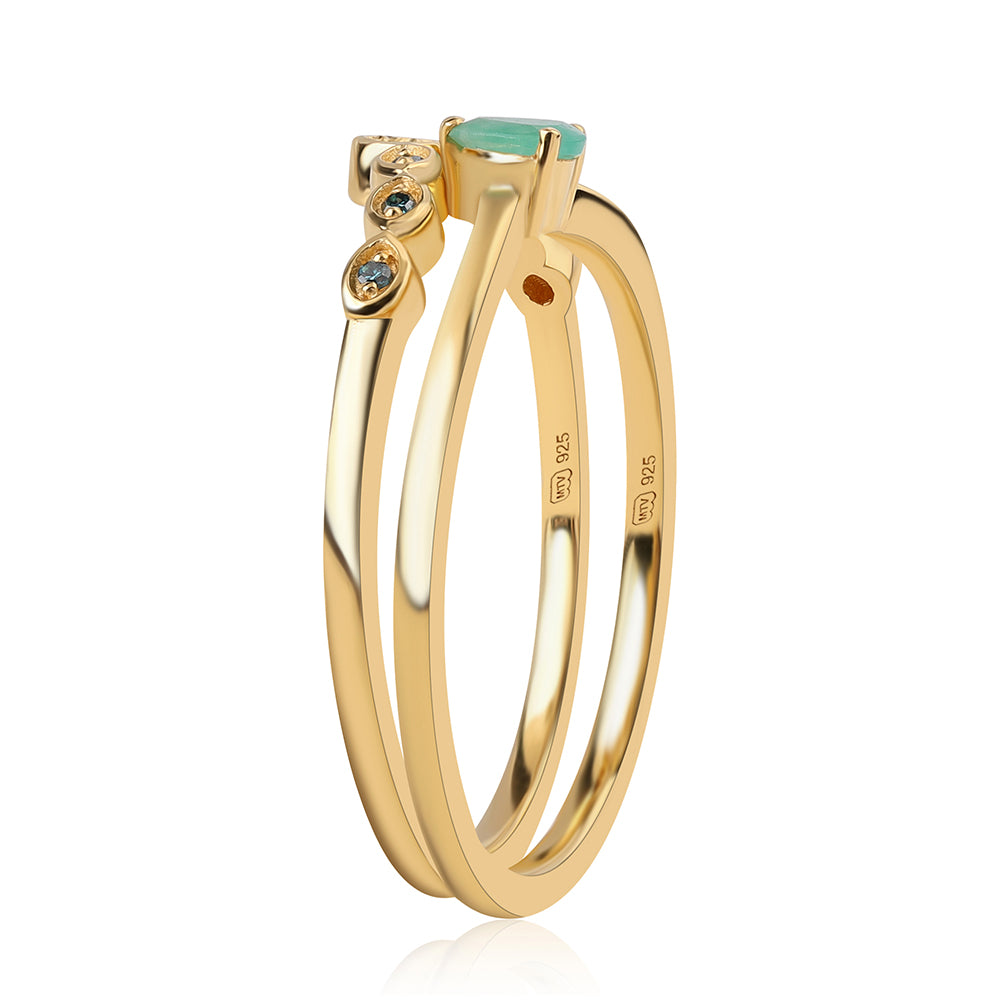 Pozlátené Strieborné Sada s Modrým Diamantom a Brazílskym Smaragdom ( Prsteň )