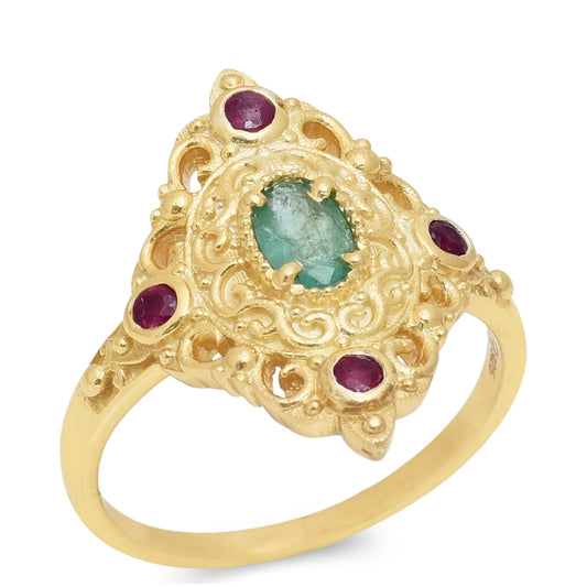 Pozlátený Strieborný Prsteň s Madagaskarským Rubínom a Brazílskym Smaragdom