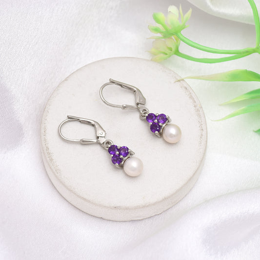 Strieborné Náušnice s Marockým Ametystom a Bielou Sladkovodnou Perlou