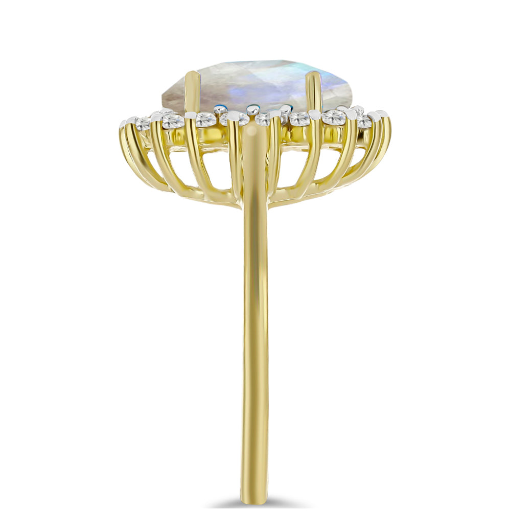 Pozlátený Strieborný Prsteň s Dúhovým Mesačným Kameňom a Bielym Topásom