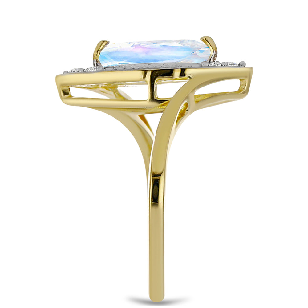 Pozlátený Strieborný Prsteň s Dúhovým Mesačným Kameňom a Bielym Topásom