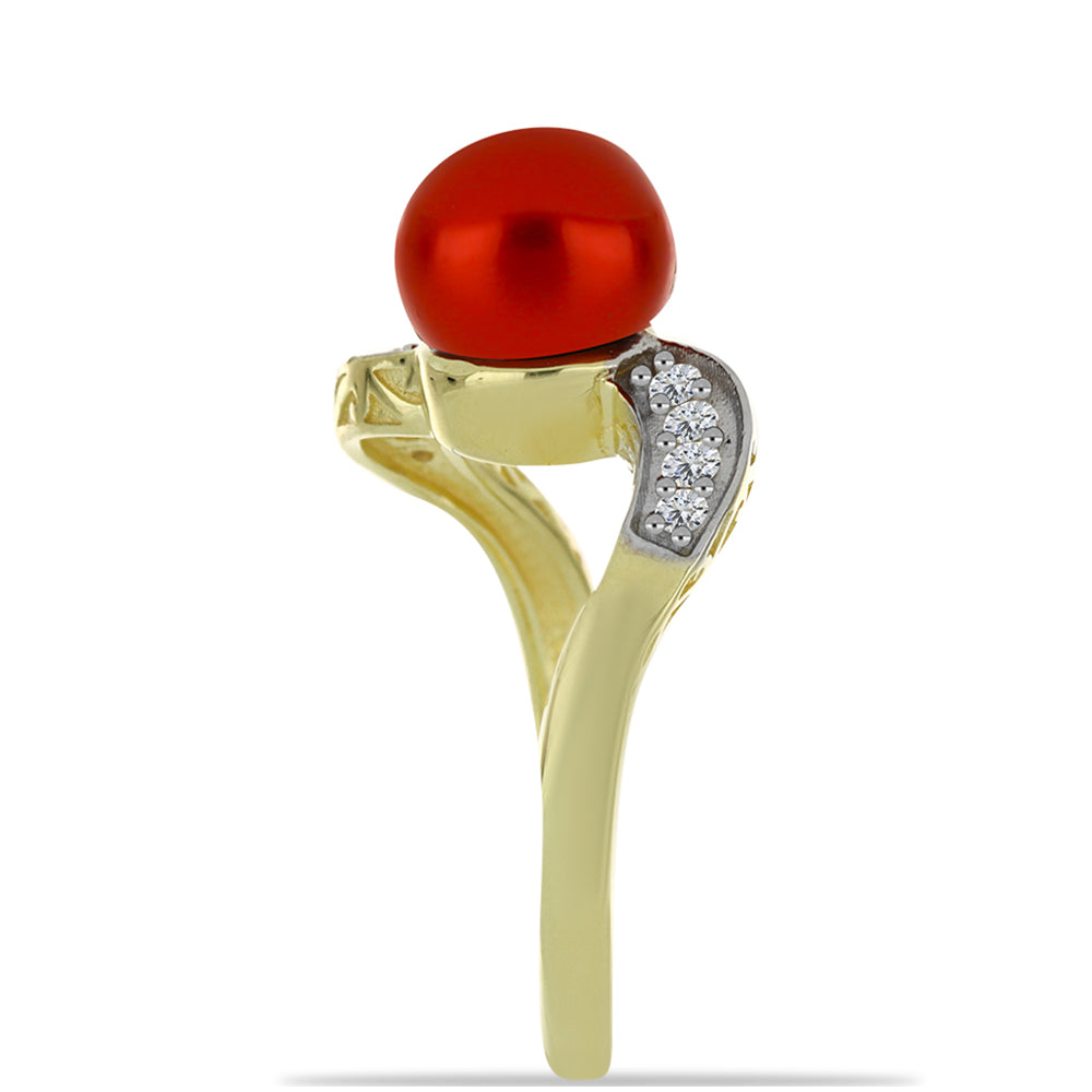 Pozlátený Strieborný Prsteň s Červená sladkovodná perlou a Bielym Topásom