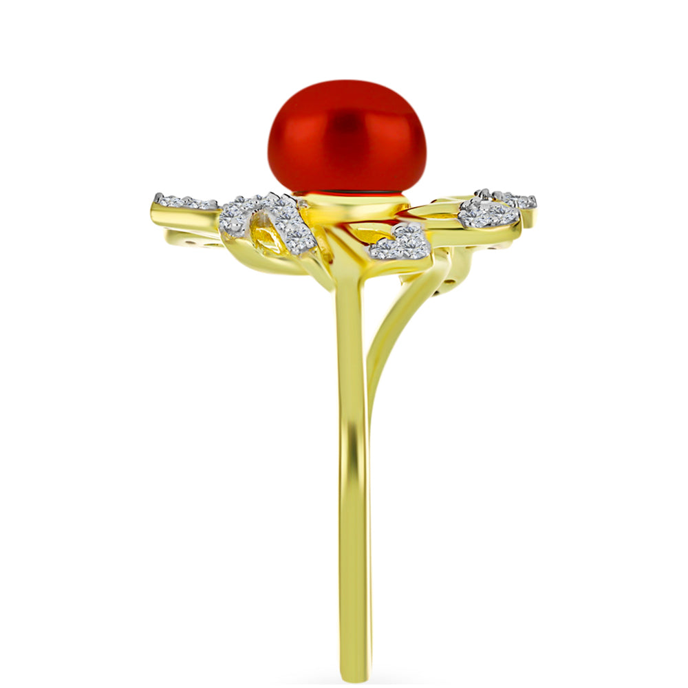 Pozlátený Strieborný Prsteň s Červená sladkovodná perlou a Bielym Topásom