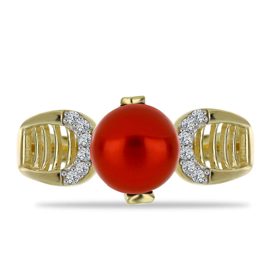 Pozlátený Strieborný Prsteň s Červená sladkovodná perlou a Bielym Topásom