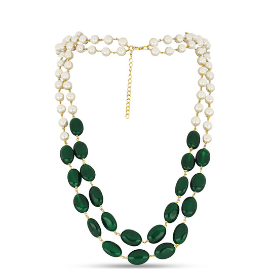 Pozlátený Strieborný Náhrdelník s so Zeleným Jadeitom a so Sladkovodnou Bielou Perlou
