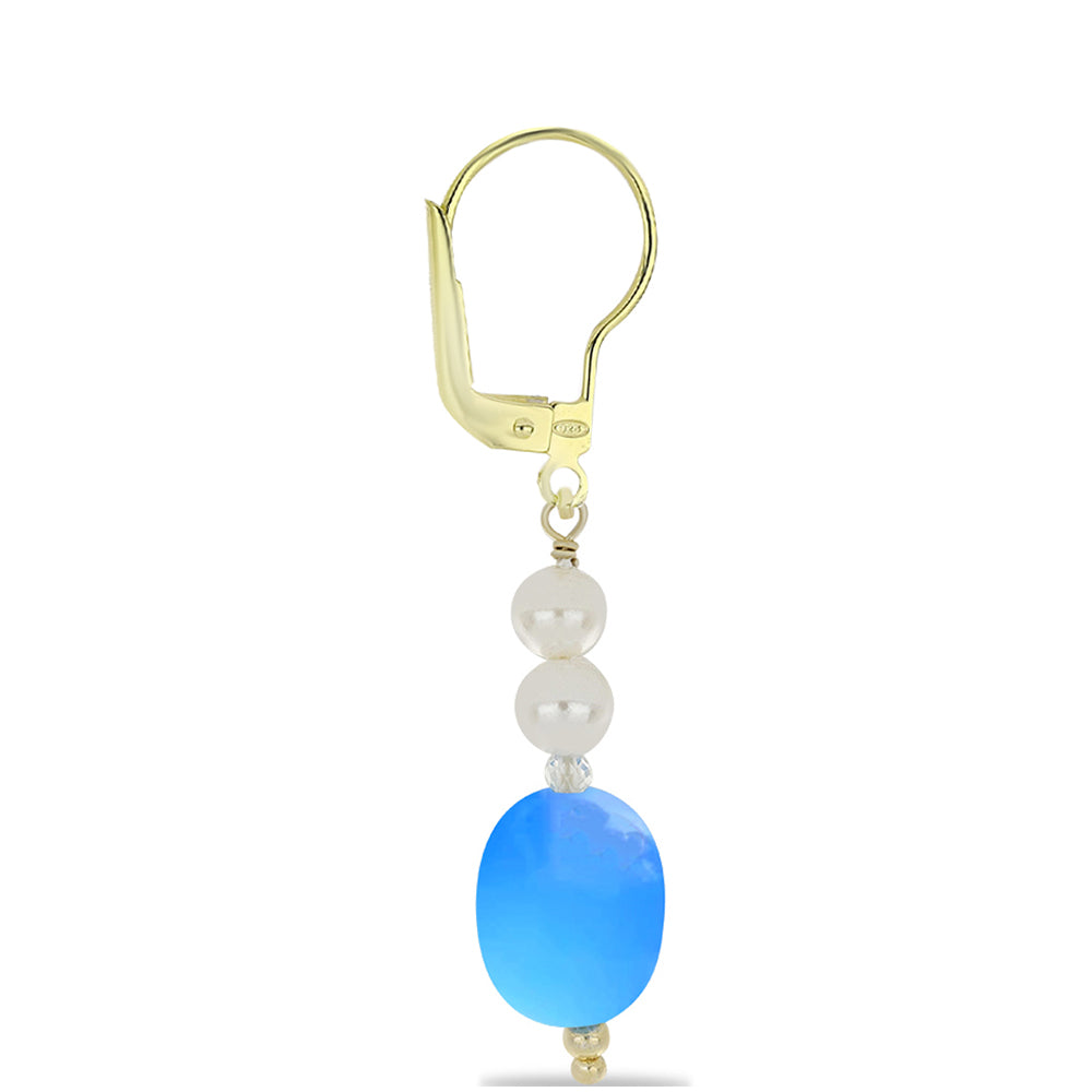 Pozlátené Strieborné Náušnice s Aqua Chalcedonom a Bielym Kremeňom