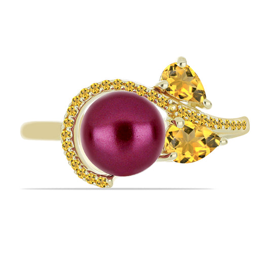 Pozlátený Strieborný Prsteň s so Fialová Sladkovodnou Perlou a Uralským Citrínom