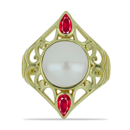 Pozlátený Strieborný Prsteň s so Sladkovodnou Bielou Perlou a Madagaskarským Rubínom
