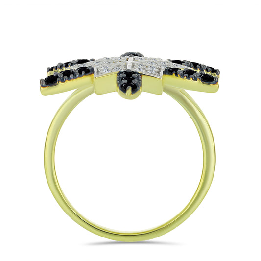 Pozlátený Strieborný Prsteň s Čiernym Spinelom a Bielym Topásom