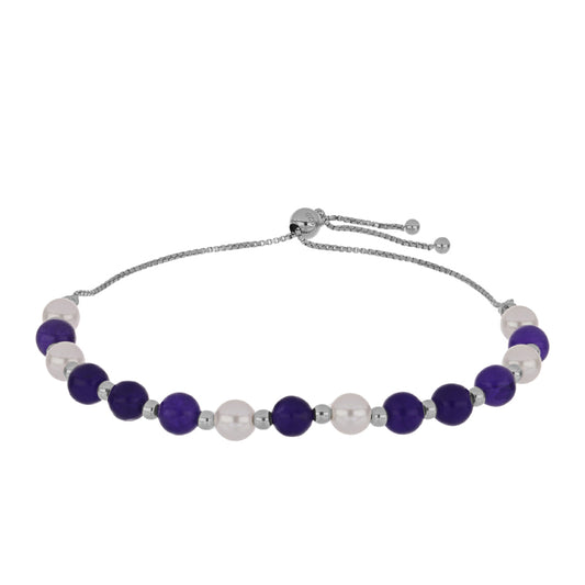 Strieborný Náramok s Fialovým Nefritom a so Sladkovodnou Bielou Perlou