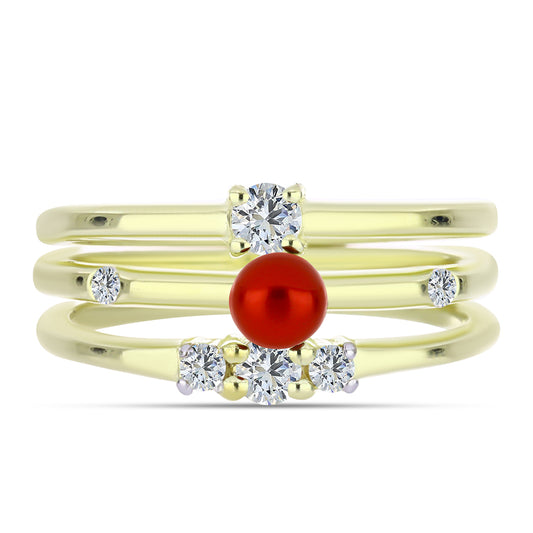 Pozlátené Strieborné Sada s Červená sladkovodná perlou a Bielym Topásom ( Prsteň )