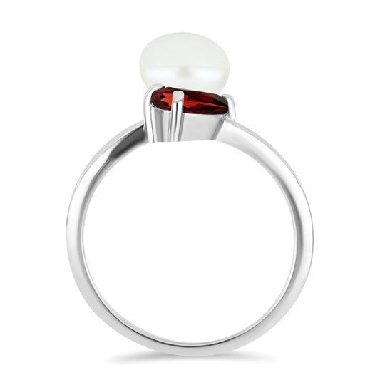 Strieborný Prsteň s Bartonským Granátom a so Sladkovodnou Bielou Perlou