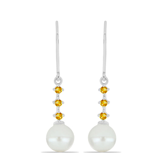 Strieborné Náušnice s Uralským Citrínom a so Sladkovodnou Bielou Perlou