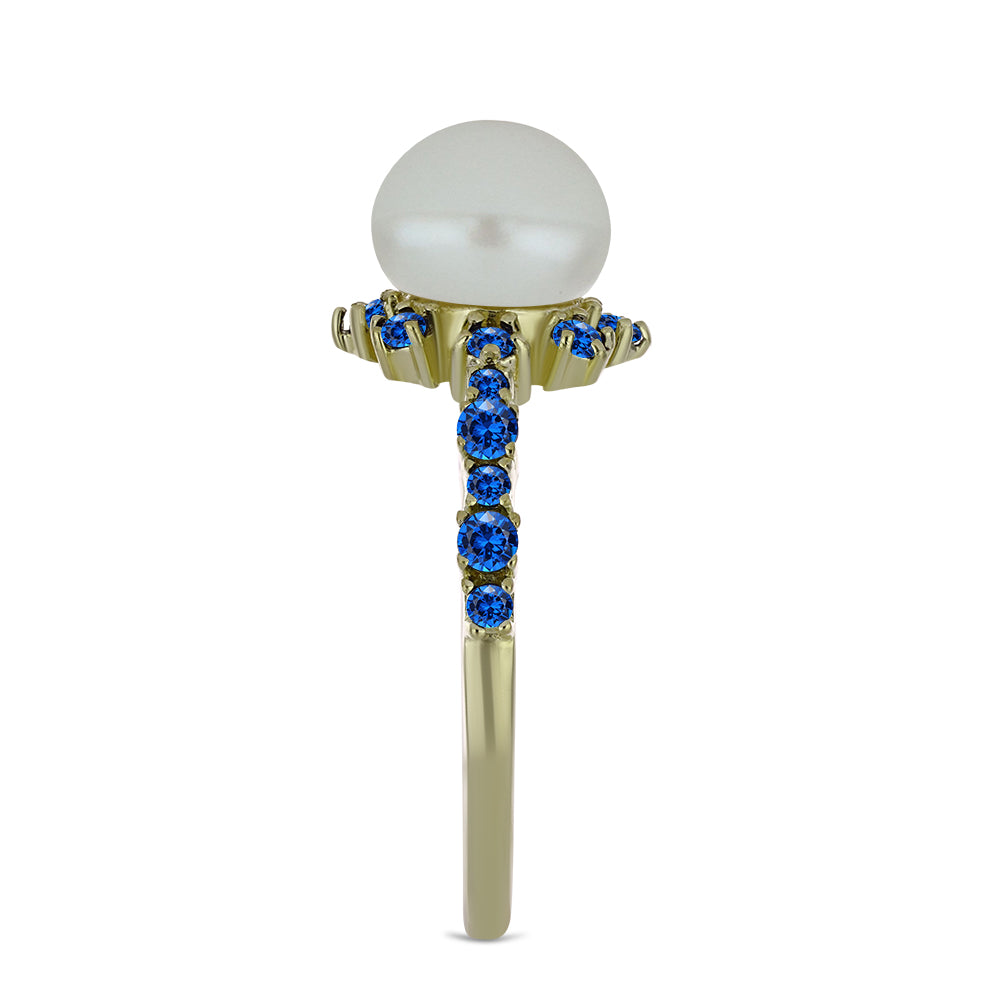 Pozlátený Strieborný Prsteň s Bielou Sladkovodnou Perlou a Austrálskym Modrým Zafírom