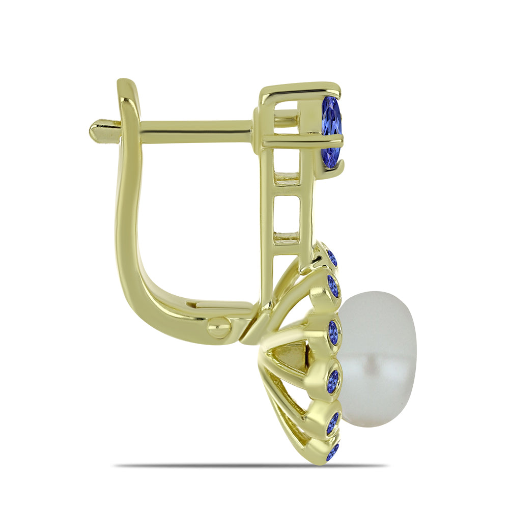 Pozlátené Strieborné Náušnice s Bielou Sladkovodnou Perlou a Tanzanitom