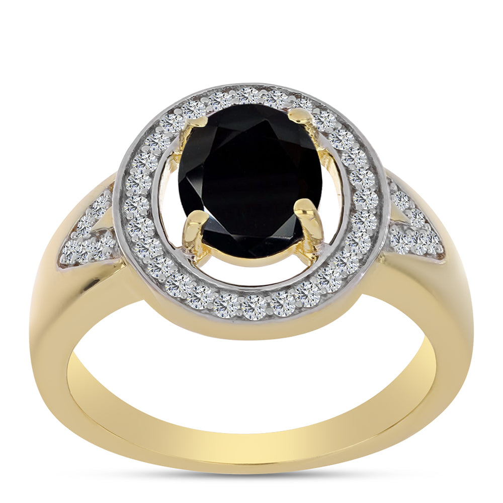 Pozlátený Strieborný Prsteň s Čiernym Ónyxom a Bielym Topásom