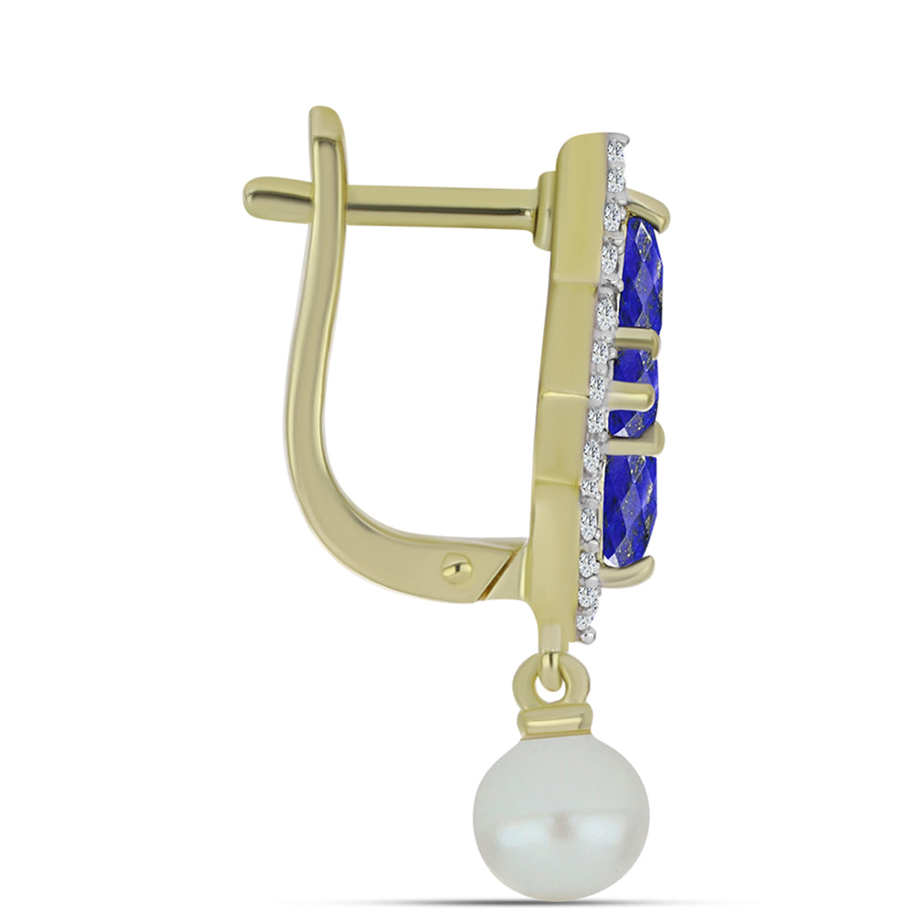 Pozlátené Strieborné Náušnice s Lapisom Lazuli a so Sladkovodnou Bielou Perlou