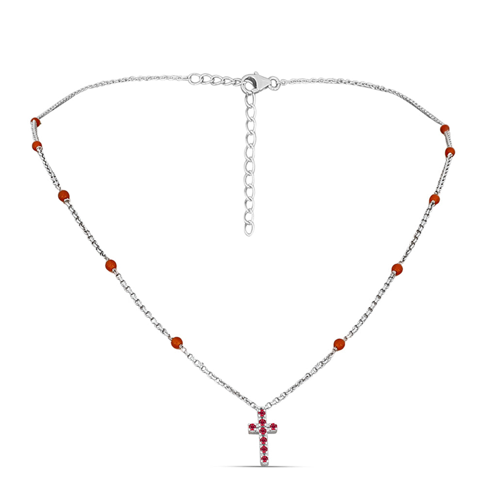 Kríž Strieborný Náhrdelník s Madagaskarským Rubínom a Karneolom