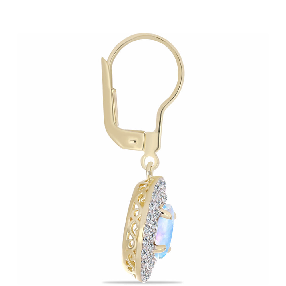 Pozlátené Strieborné Náušnice s Dúhovým Mesačným Kameňom a Bielym Topásom