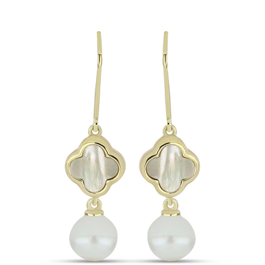 Pozlátené Strieborné Náušnice s Lastúrou a so Sladkovodnou Bielou Perlou