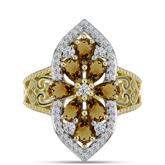 Pozlátený Strieborný Prsteň s Koňakovým Kremeňom a Bielym Topásom