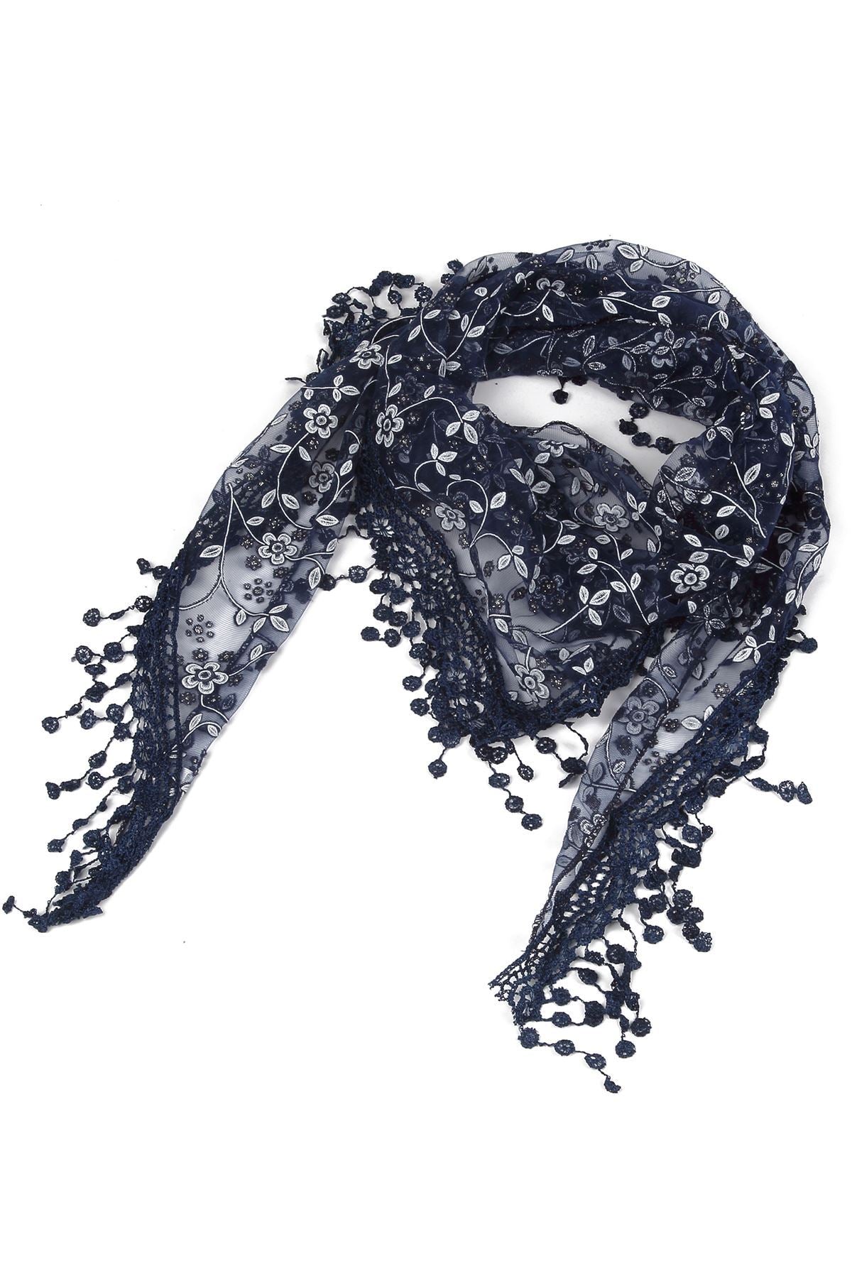 Trojuholníkový Šál-šatka s Trblietavým kvetinovým vzorom, 45 cm x 45 cm x 170 cm, Tmavo modrá