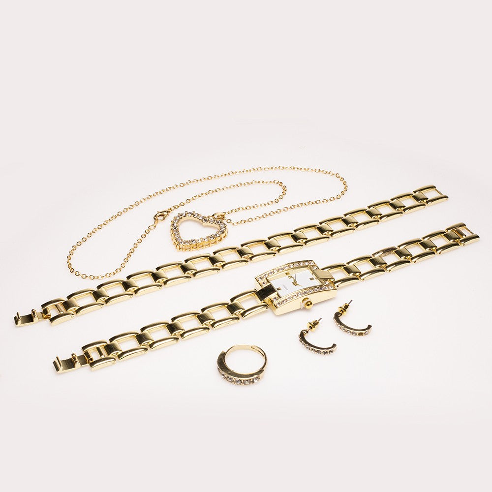 Pozlátené Zliatinové Sada s Bielym Emporia® Krištáľom ( Náhrdelník+Náušnice+Náramok+Prsteň +Prívesok )