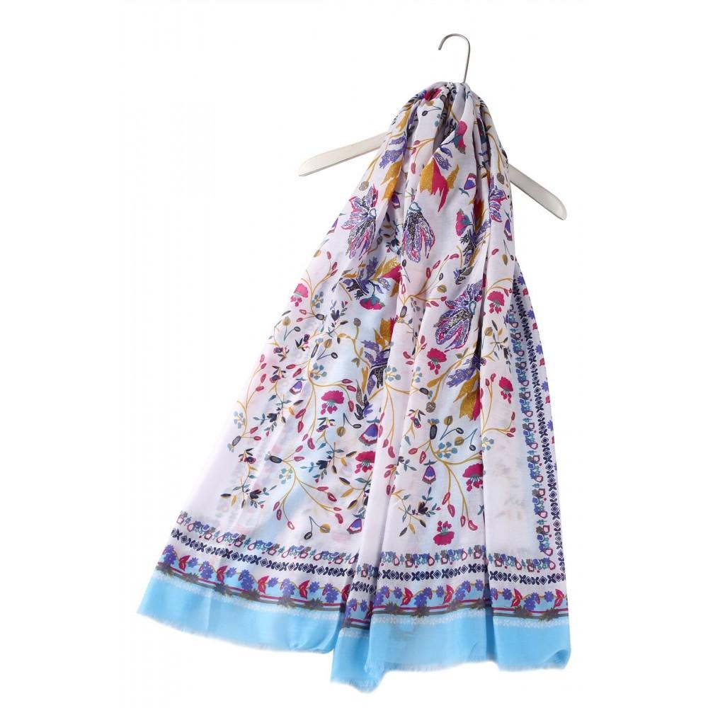 Šál-šatka, 90 cm x 180 cm, Svetlý ľudový kvetinový vzor, modrá