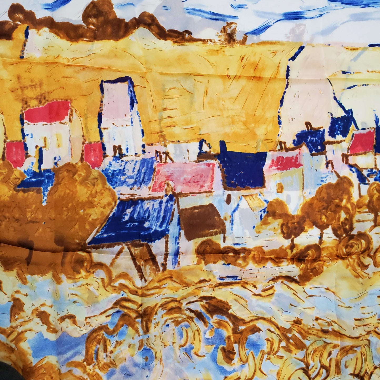 Šál-šatka zo 100% Pravého Hodvábu, 90 cm x 180 cm, Dedina v impresionistickom štýle