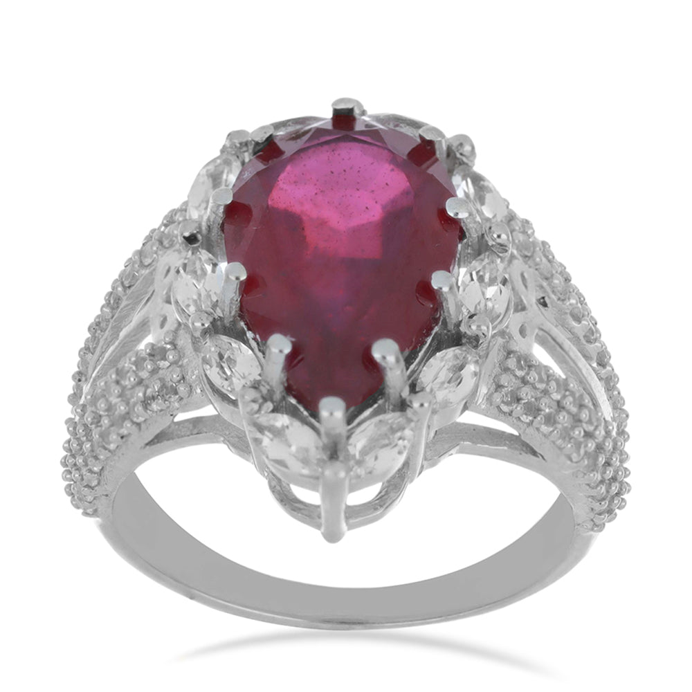 Strieborný Prsteň s Madagaskarským Rubínom a Bielym Topásom