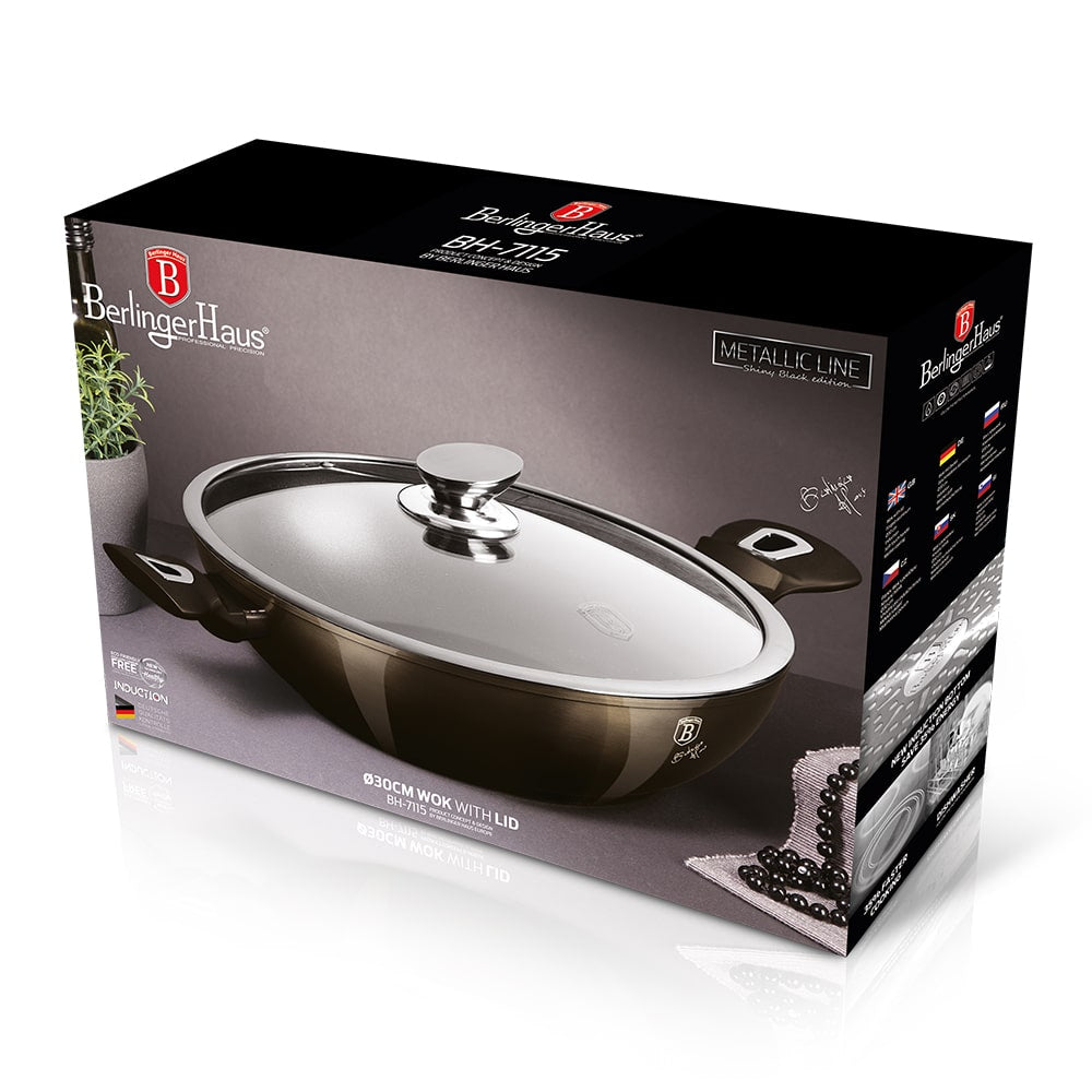 Berlinger Haus Metallic Line Shiny Black Edition Wok s vekom, 30 cm