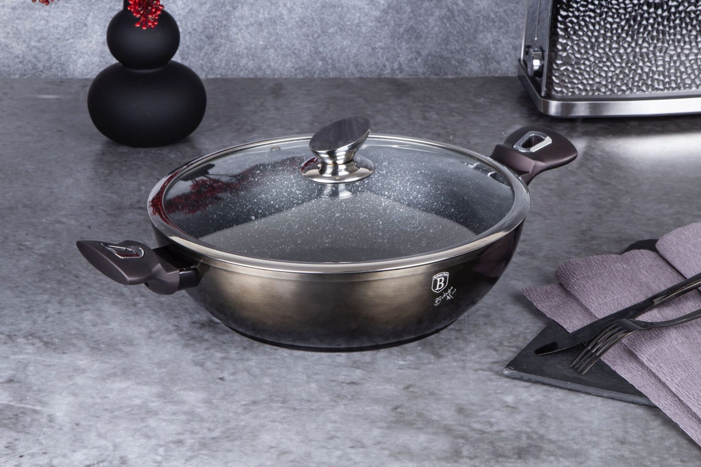 Berlinger Haus Metallic Line Shiny Black Edition Wok s vekom, 30 cm