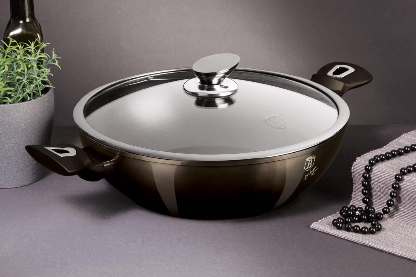 Berlinger Haus Metallic Line Shiny Black Edition Wok s vekom, 30 cm