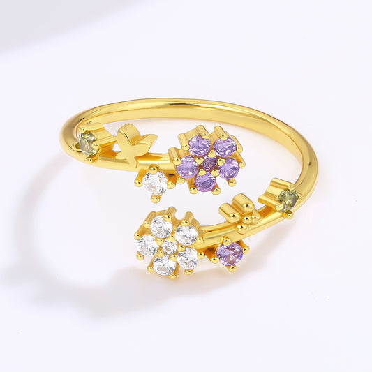 Pozlátený Zliatinový Prsteň s Bielym Emporia® Krištáľom a Fialovým Emporia® Krištáľom