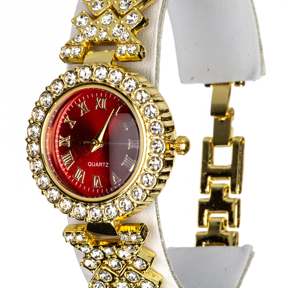 Pozlátený Zliatinový Hodinky s Červeným Emporia® Krištáľom a Bielym Emporia® Krištáľom ( Náhrdelník+Náušnice+Náramok )